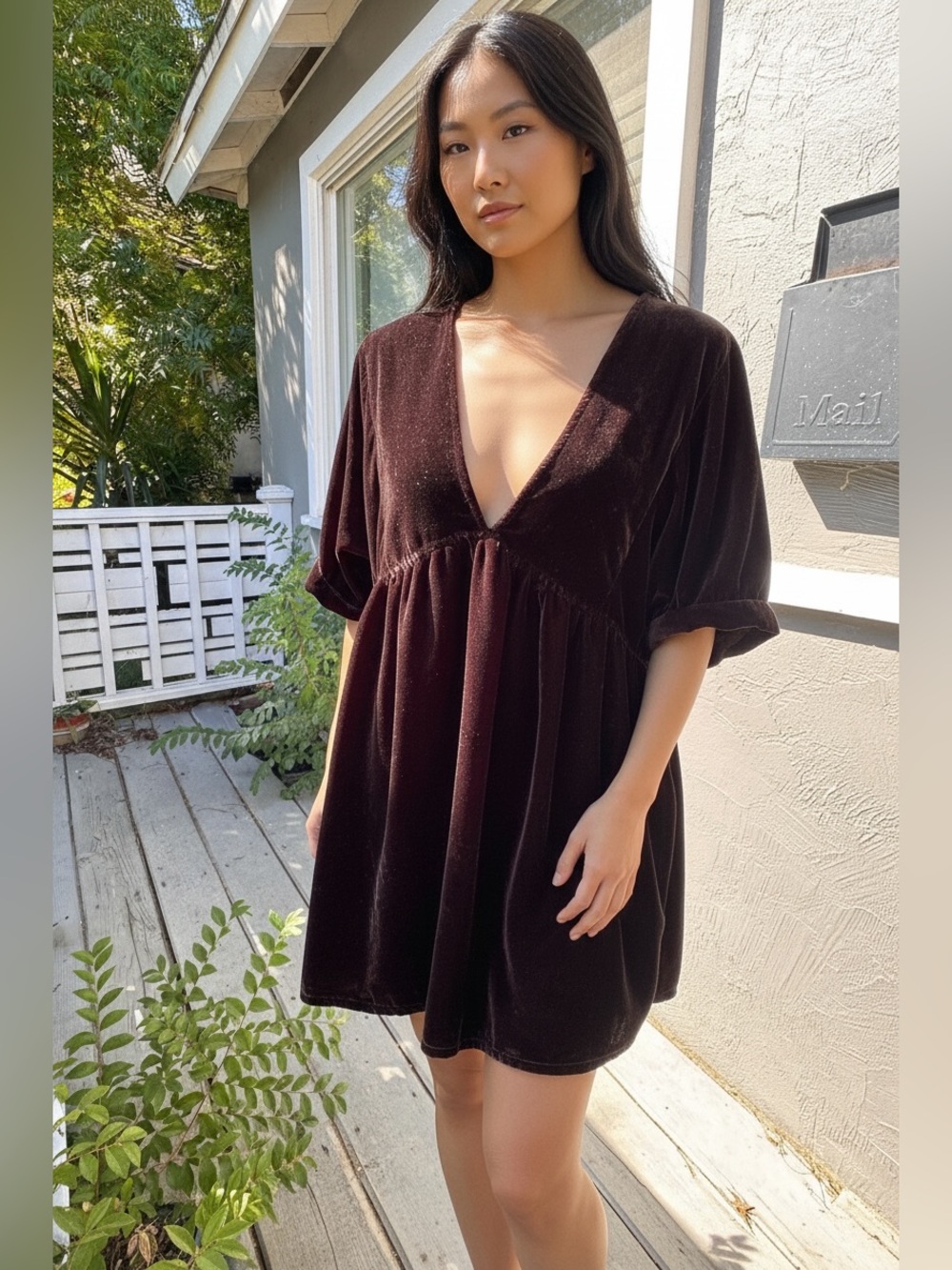 Free People Deep V Velvet Mini Dress in Black, Size XS